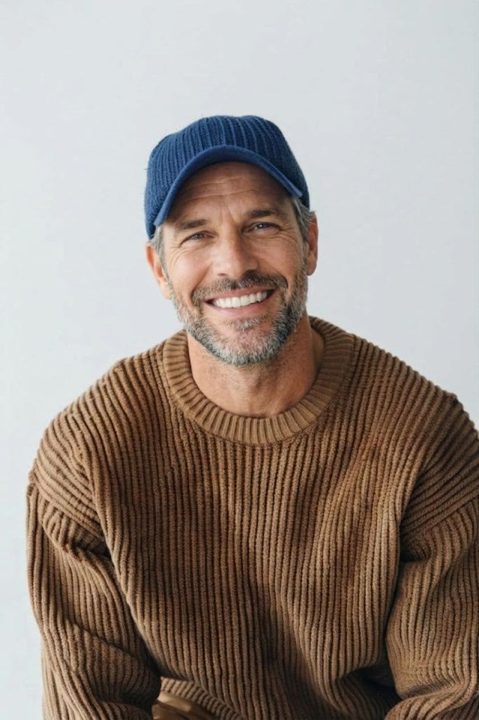 Smiling man in a blue knit cap and brown ribbed sweater against a soft light background