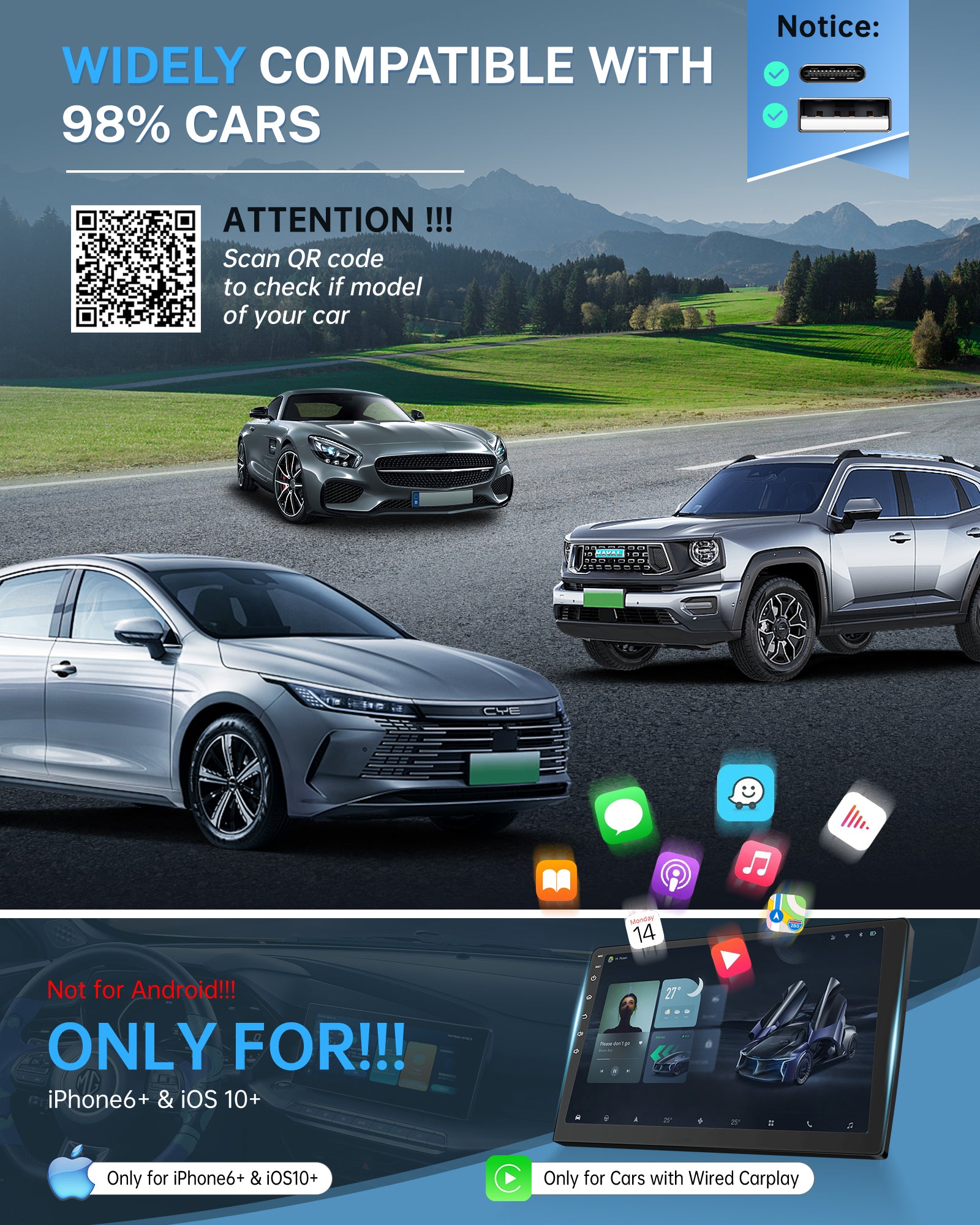 Three cars on a mountain road with wireless CarPlay app icons, noting compatibility with 98% of cars, iPhone 6+ and iOS 10+