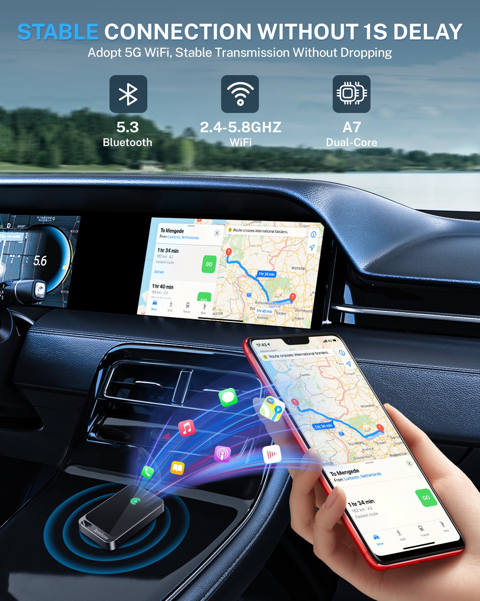 iPhone streaming navigation to a car display through the Jemluse adapter with Bluetooth 5.3, 2.4-5.8 GHz Wi-Fi and A7 dual-core icons